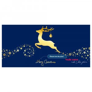 Modré vánoční přání se zlatým jelenem s ozdobou na parohu běžícím po cestě ze zlatých vloček.