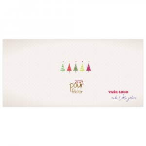 Pět barevných miniatur vánočních stromečků na strukturovaném bílém pozadí zkrášlí firemní novoročenky.