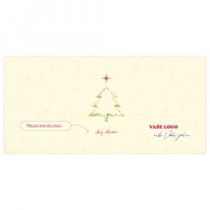 Vánoční přání s obtiskem stromečku zvýrazněného zeleně pouze v obrysech na pozadí přírodního papíru.