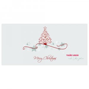 Vánoční přání s červeně vyšitým stromečkem a šrafovanými hvězdičkami na bílém strukturovaném pozadí.