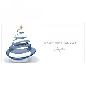 Novoroční přání jistě osvěží nečekaně vkusný vánoční stromek ze skla na bílém pozadí.