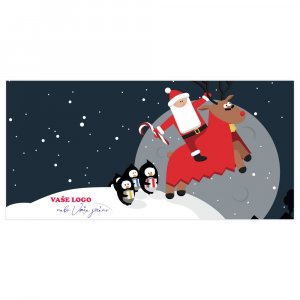 Kreslené vánoční přání se Santou na sobovi právě odjíždějícím od tučňáků, kterým předal dárečky.