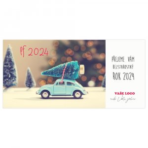 Vtipné firemní vánoční přání s dětským autíčkem, které má na střeše přivázaný vánoční stromeček.