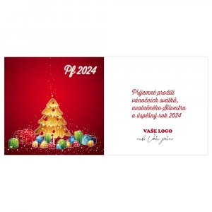 Vánoční přání v podobě stromečku obsypaného dárečky na na červeném pozadí.