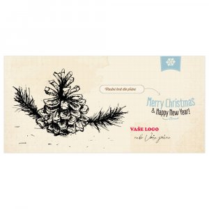 Vánoční přání s ručně malovanou šiškou na větvi na zažloutlém papíře skicáku.