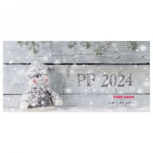 Ručně vyrobený textilní sněhulák zapadaný sněhem na dřevěném pozadí rozkošné novoročenky.