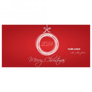 Červené vánoční přání s mnohokrát bíle zakroužkovaným číslem nového roku dokresleným do vánoční ozdoby.