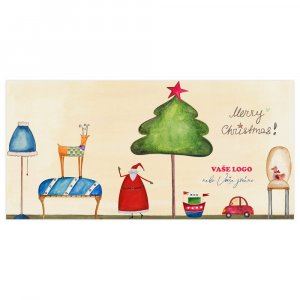 Vtipně nakreslené vánoční přání v podobě seznamu pro Santu – lampa, autíčko, pejsek, pohovka atd.