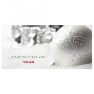 Téměř černobílé provedení vánočního přání, na němž vyniká ruční kresba baňky s drobnými růžovými detaily.