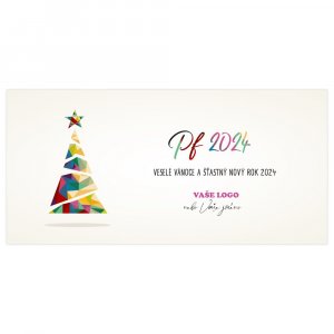 Jednoduché vánoční přání s geometrickým stromečkem a PF ve veselých barvách na bílém pozadí.