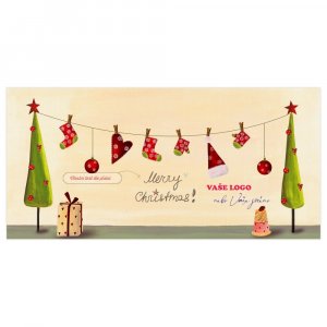 Nádherně nakreslené vánoční přání s prádelní šňůrou mezi dvěma vánočními stromky s vánočním prádlem.