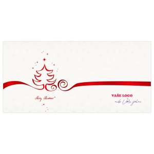 Bílé pozadí firemní novoročenky rozděluje červená stuha, jejíž jeden konec vykreslí vánoční stromeček.
