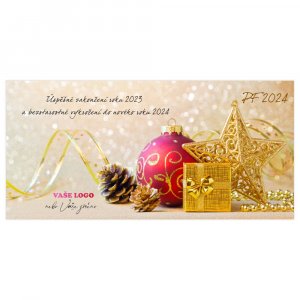 Novoročenka s vánočním zátiším s baňkou a luxusními dekoracemi ve zlato-fuchsiové barevné kombinaci doplněné šiškami.
