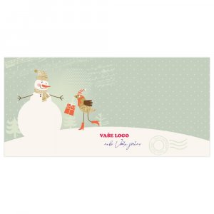 Kreslené vánoční přání se svátečně oblečeným poštovním holubem předávajícím dárek sněhulákovi.