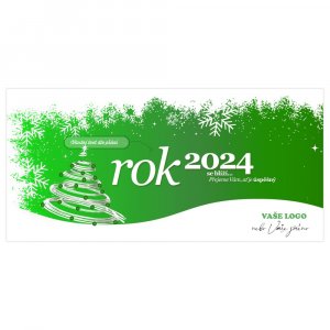Novoročenka složená ze zeleného strukturovaného pozadí zasněžené krajiny a bílého vánočního stromečku.