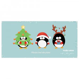 Legrační vánoční přání se třemi tučňáky převlečenými za soba, Santu a stromeček.