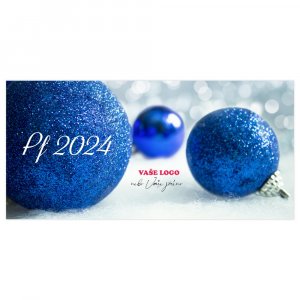 Firemní novoroční přání s volně rozkutálenými třpytivě modrými vánočními baňkami.