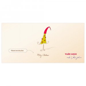 Vánoční přání s karikaturou stromečku se Santovou čepicí na špici na mírně zažloutlém pruhovaném pozadím.