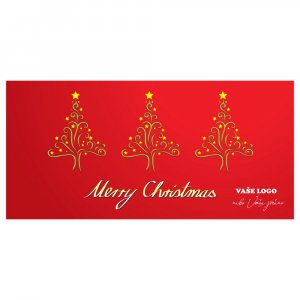 Tři zajímavé zlaté vánoční stromky z ornamentů ozdobené hvězdami na červeném pozadí vánočního přání.