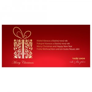 Vánoční přání se zlatým dárkem vyobrazeným z květinových ornamentů na červeném pozadí.