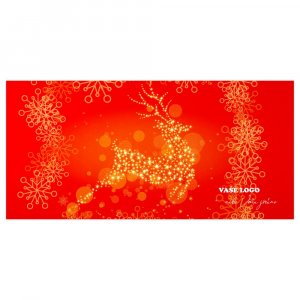 Vánoční přání se zlatým sobem v běhu, vyobrazeným ze zářících hvězd, na červeném pozadí vločkami a bublinkami.