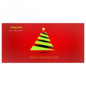 Zelený kubistický vánoční stromeček a červené strukturované pozadí spojuje neobyčejná novoročenka.