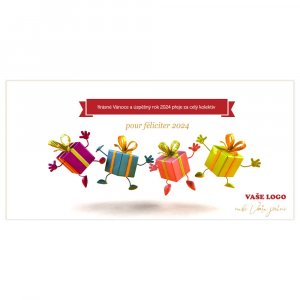 Vánoční přání s vesele tančícími barevnými dárečky nakazí všechny dobrou náladou.