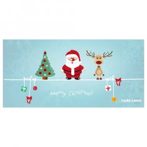 Hravé kreslené vánoční přání se stromečkem, roztomilým Santou i sobem a dárečky.