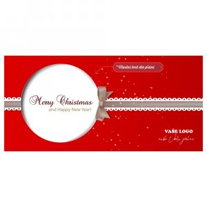 Vánoční přání stylizované do červeného dárku s krajkovou stuhou, na níž je zavěšená bílá baňka.
