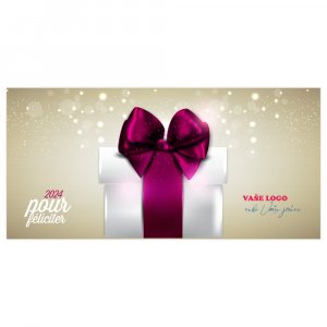 Luxusní firemní novoroční přání s bílým dárkem s vínovou mašlí na zlatém strukturovaném pozadí.