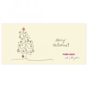 Vánoční přání s dětsky nakresleným jednoduchým, ale pečlivě nazdobeným stromečkem.