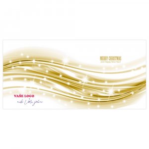 Zlatobílá grafická abstrakce dárkové stuhy se zářivými perličkami jako firemní vánoční přání udělá dojem.