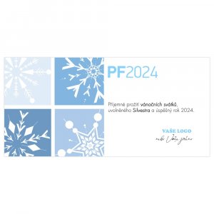 Zimní novoročenka s různě namalovanými sněhovými vločkami ve čtyřech odstínech modrého pozadí.