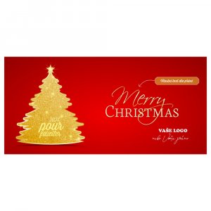 Zlatý vánoční stromeček na červeném pozadí novoročenky ladí s každým firemním logem.