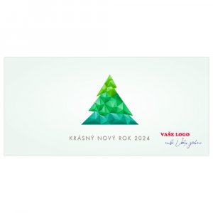 Jednoduchá firemní novoroční přání s vánočním stromkem ze zelených krystalů na bílém pozadí.