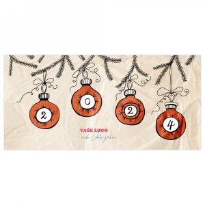 Vtipná, karikaturně kreslená novoročenka se čtyřmi vánočními baňkami na pozadí zmačkaného papíru.